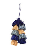 Tassels Layered Raffia Tufts Charm Embellishment Denim Multi handmade knotted and brushed natural raffia palm fiber in a multicolor layered tuft tassel of denim light/retro/blue, natural straw color, and indigo dark/navy/blue beach bag handbag charm embellishment or party decor - Shebobo