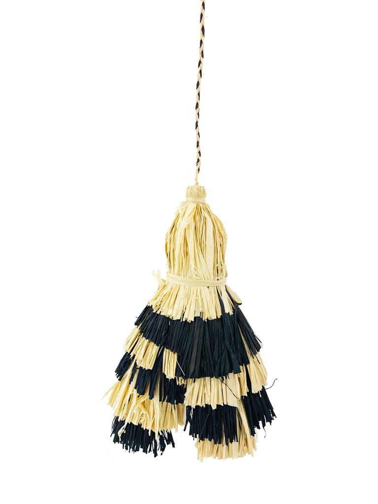 Tassels Layered Raffia Tufts Charm Embellishment Black and Natural Two Tone Multicolor handmade knotted and brushed natural raffia palm fiber in a multicolor layered tuft tassel of natural straw color, and black beach bag handbag charm embellishment or party decor - Shebobo