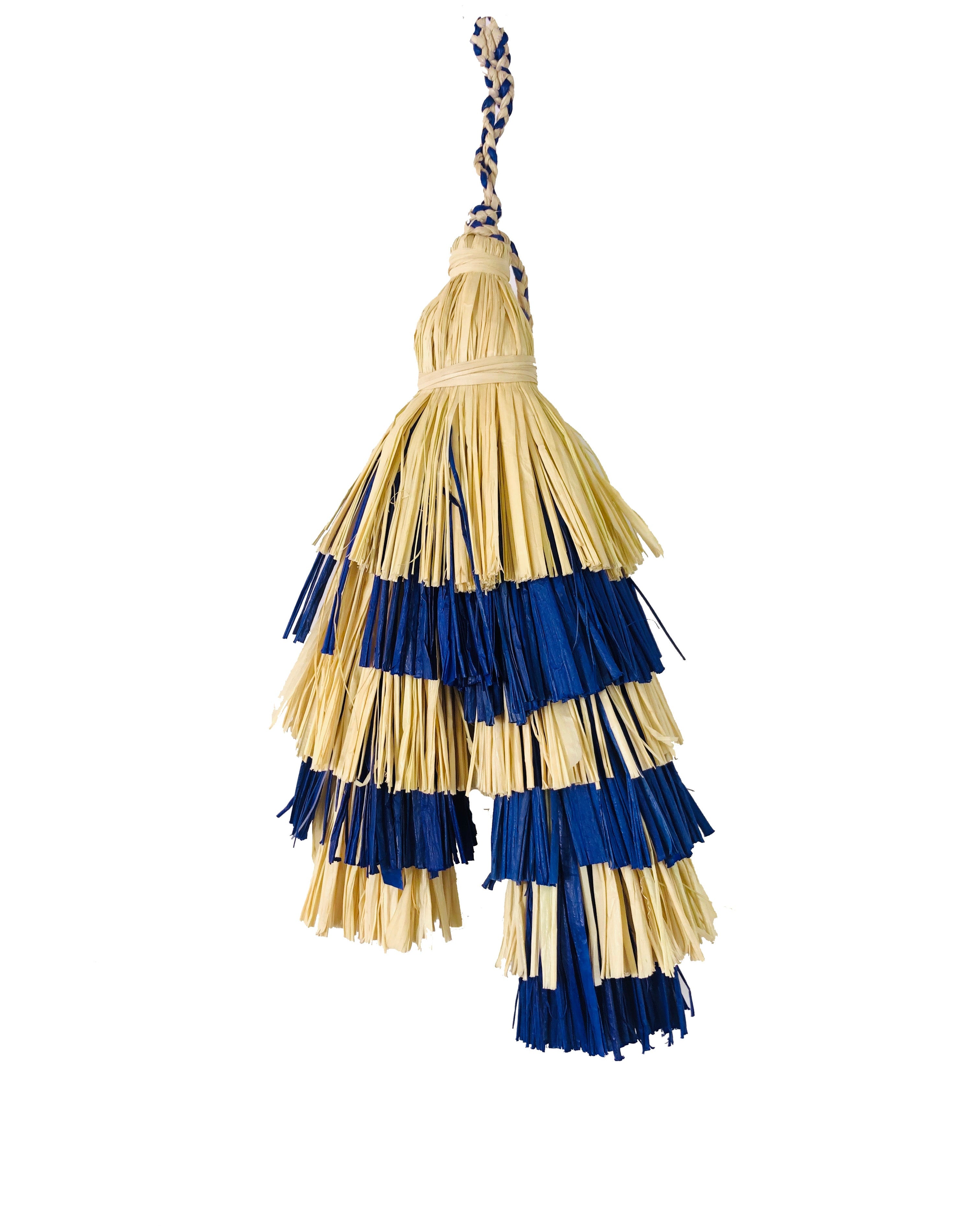 Tassels Layered Raffia Tufts Charm Embellishment Blue and Natural Two Tone Multicolor handmade knotted and brushed natural raffia palm fiber in a multicolor layered tuft tassel of natural straw color, and dusk navy/dark/blue beach bag handbag charm embellishment or party decor - Shebobo