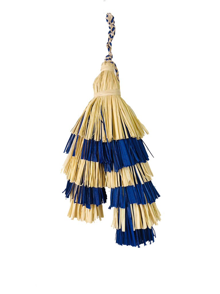 Tassels Layered Raffia Tufts Charm Embellishment Blue and Natural Two Tone Multicolor handmade knotted and brushed natural raffia palm fiber in a multicolor layered tuft tassel of natural straw color, and dusk navy/dark/blue beach bag handbag charm embellishment or party decor - Shebobo