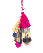 Tassels Layered Raffia Tufts Charm Embellishment Fiesta Multicolor handmade knotted and brushed natural raffia palm fiber in a multicolor layered tuft tassel of fuchsia hot/bright/barbie/pink, natural straw color, grey, dark blue, black, and cappuccino light/brown beach bag handbag charm embellishment or party decor - Shebobo