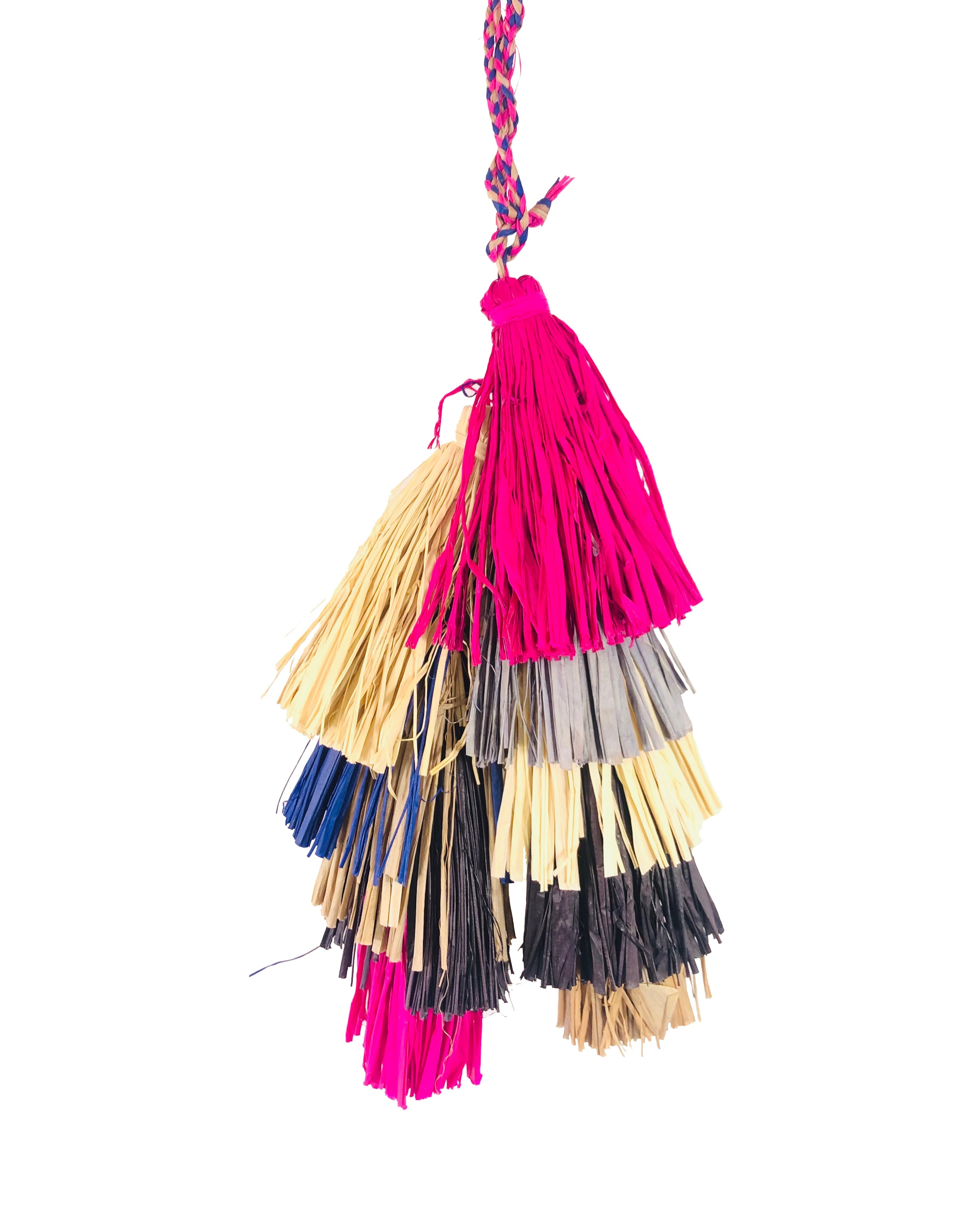 Tassels Layered Raffia Tufts Charm Embellishment Fiesta Multicolor handmade knotted and brushed natural raffia palm fiber in a multicolor layered tuft tassel of fuchsia hot/bright/barbie/pink, natural straw color, grey, dark blue, black, and cappuccino light/brown beach bag handbag charm embellishment or party decor - Shebobo