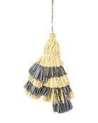 Tassels Layered Raffia Tufts Charm Embellishment Grey and Natural Two Tone Multicolor handmade knotted and brushed natural raffia palm fiber in a multicolor layered tuft tassel of natural straw color, and grey beach bag handbag charm embellishment or party decor - Shebobo