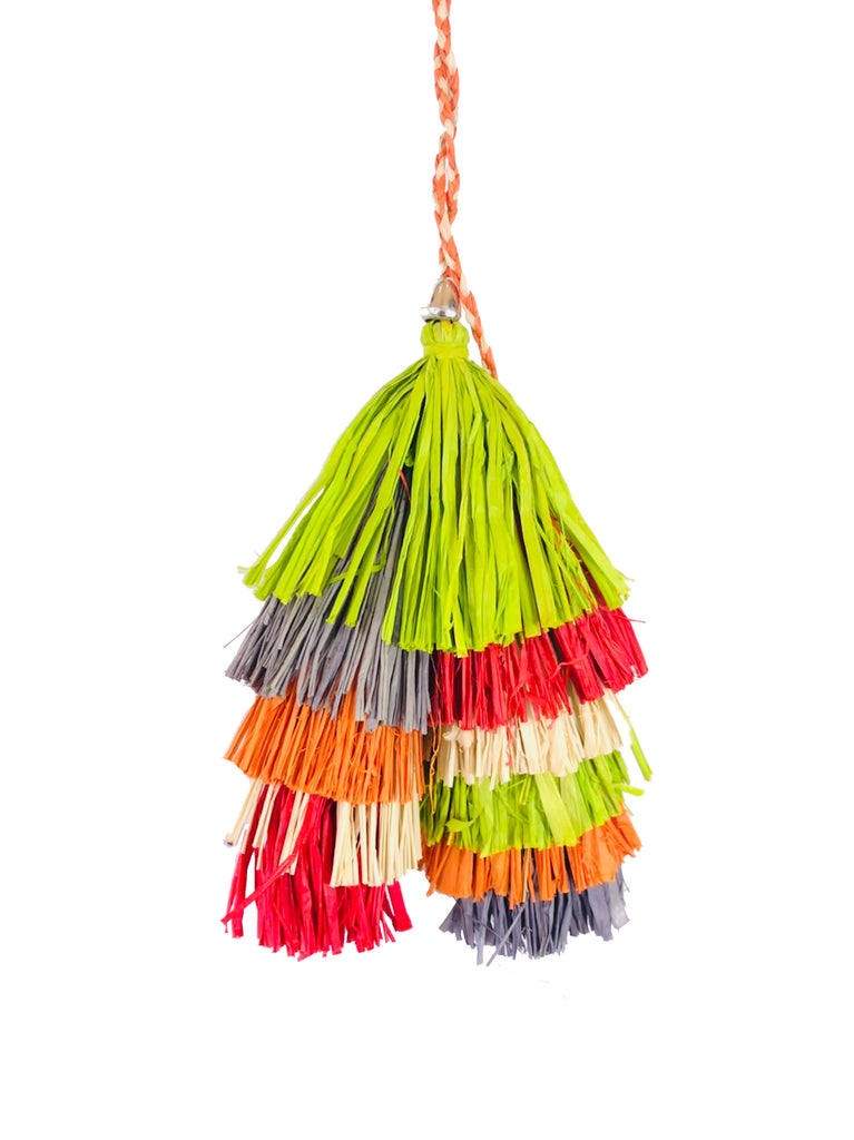 Tassels Layered Raffia Tufts Charm Embellishment Mccaw Multicolor handmade knotted and brushed natural raffia palm fiber in a multicolor layered tuft tassel of natural straw color, lime green, grey, red, and coral orange/red beach bag handbag charm embellishment or party decor - Shebobo