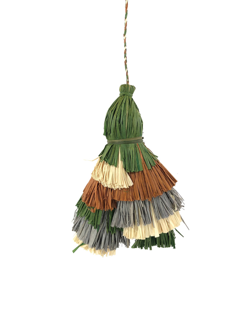 Tassels Layered Raffia Tufts Charm Embellishment Montoya Multicolor handmade knotted and brushed natural raffia palm fiber in a multicolor layered tuft tassel of olive green, cinnamon tobacco/dark/brown, grey, and natural straw color beach bag handbag charm embellishment or party decor - Shebobo