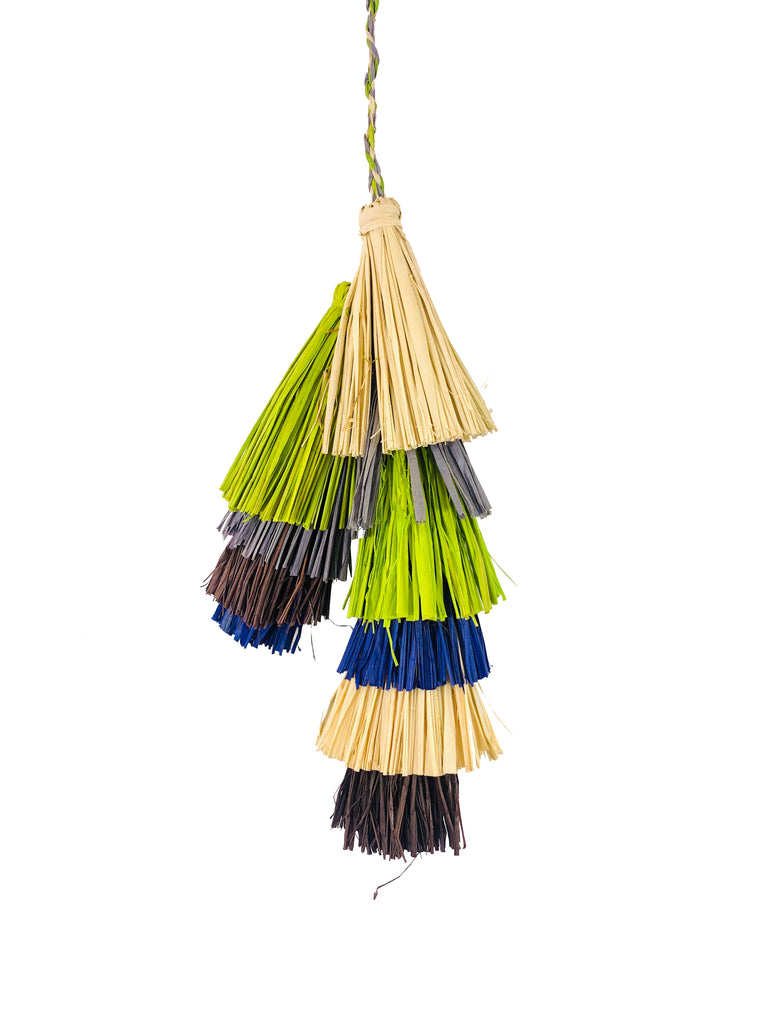 Tassels Layered Raffia Tufts Charm Embellishment Yerba Multicolor handmade knotted and brushed natural raffia palm fiber in a multicolor layered tuft tassel of natural straw color, lime green, grey, chocolate dark/brown, and dusk navy/dark/blue beach bag handbag charm embellishment or party decor - Shebobo