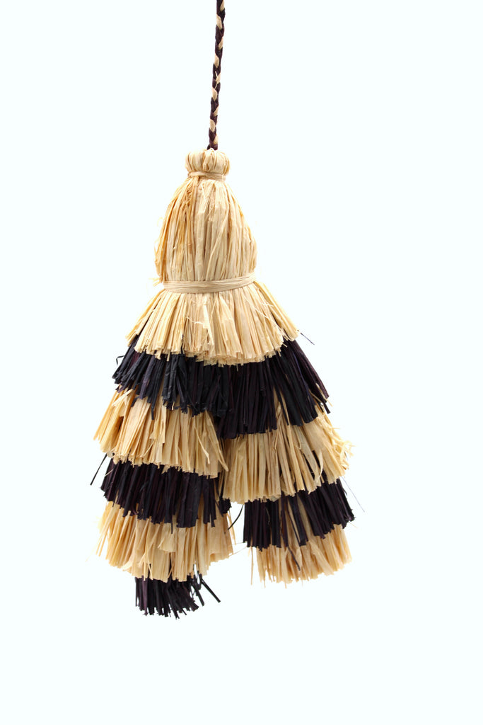 Tassels Black Two Tone Multicolor Layered Raffia Tufts Charm handmade bag embellishment or decor natural straw color, and black fringed layered tufts tassel - Shebobo