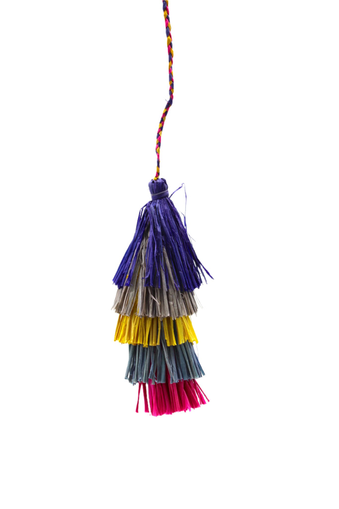 Tassels La Paz Multicolor Layered Raffia Tufts Charm handmade bag embellishment or decor fuchsia pink, navy blue, grey, black, and yellow fringed layered tufts tassel - Shebobo