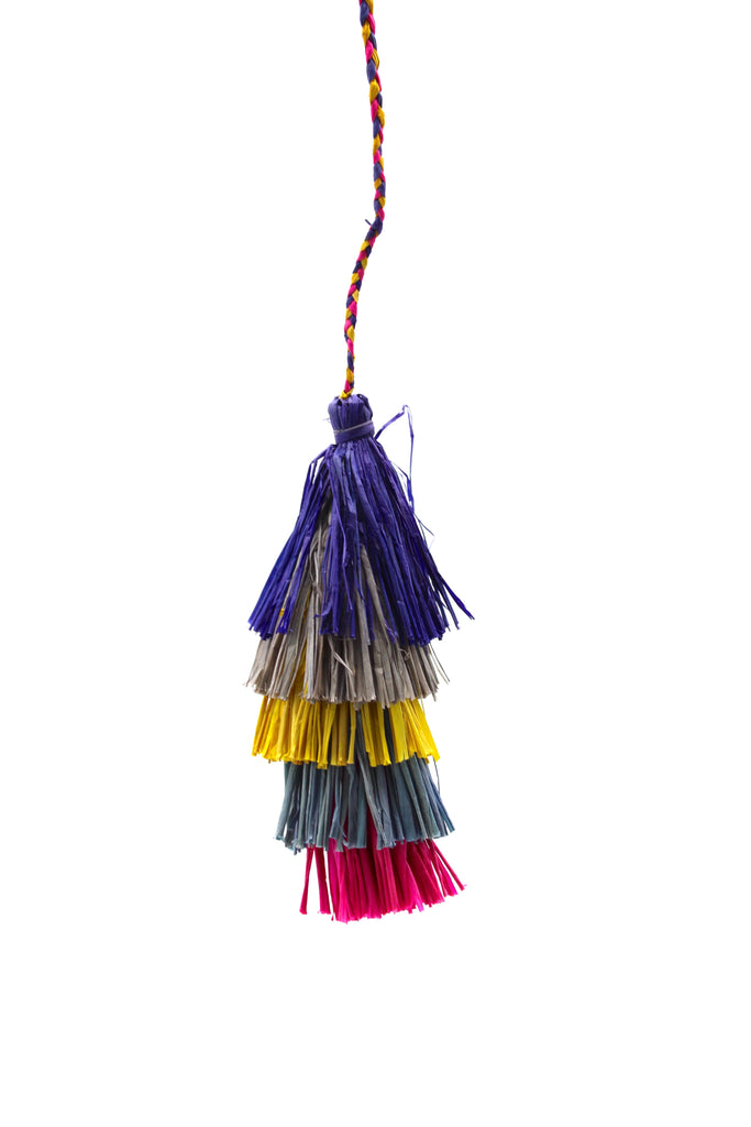 Tassels Layered Raffia Tufts Charm Embellishment La Paz Multicolor handmade knotted and brushed natural raffia palm fiber in a multicolor layered tuft tassel of fuchsia hot/bright/barbie/pink, light blue, yellow, grey, and dusk dark/navy/blue beach bag handbag charm embellishment or party decor - Shebobo