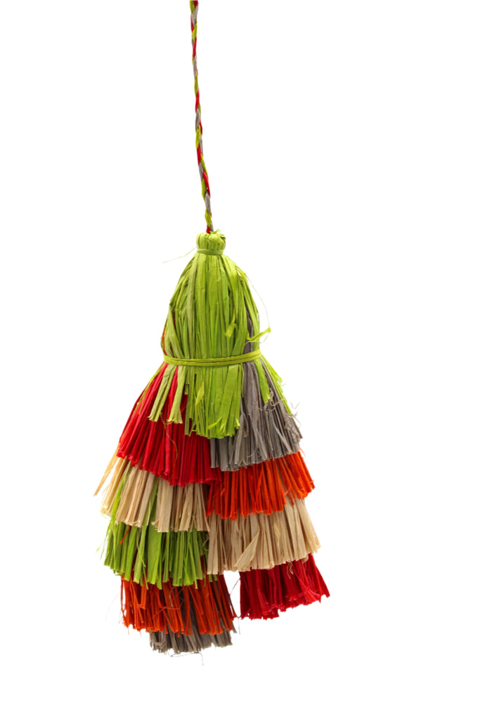 Tassels Macaw Multicolor Layered Raffia Tufts Charm handmade bag embellishment or decor lime green, natural straw color, orange, red, and grey fringed layered tufts tassel - Shebobo