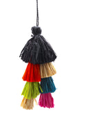 Tassels Layered Raffia Tufts Charm Embellishment Tutti Frutti Multicolor handmade knotted and brushed natural raffia palm fiber in a multicolor layered tuft tassel of black, natural straw color, orange, lime green, blue, and pink beach bag handbag charm embellishment or party decor - Shebobo