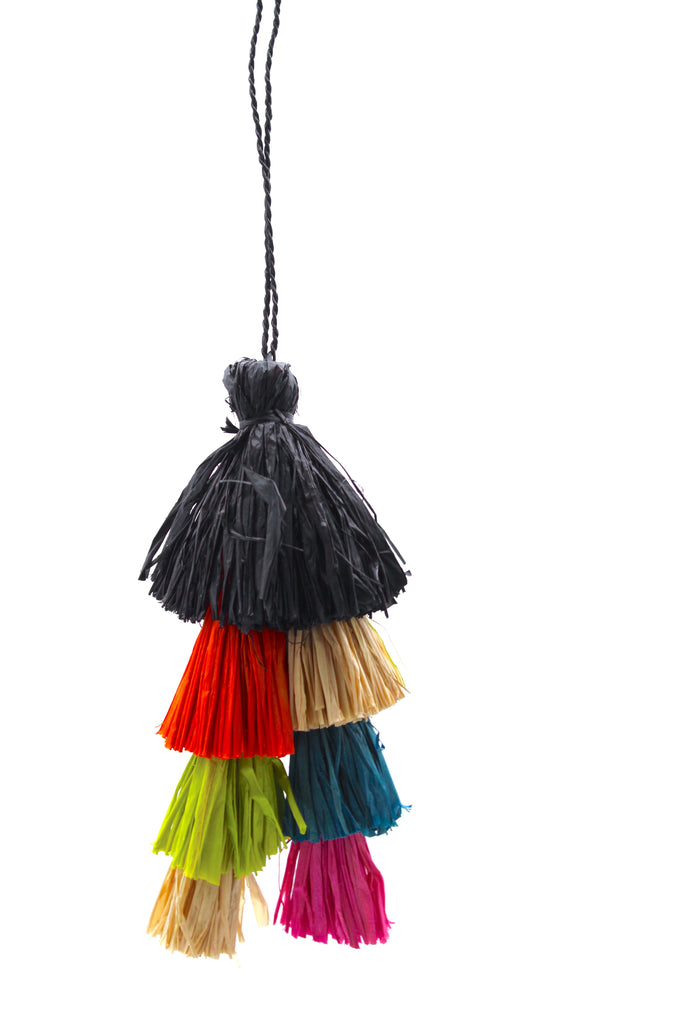 Tassels Layered Raffia Tufts Charm Embellishment Tutti Frutti Multicolor handmade knotted and brushed natural raffia palm fiber in a multicolor layered tuft tassel of black, natural straw color, orange, lime green, blue, and pink beach bag handbag charm embellishment or party decor - Shebobo