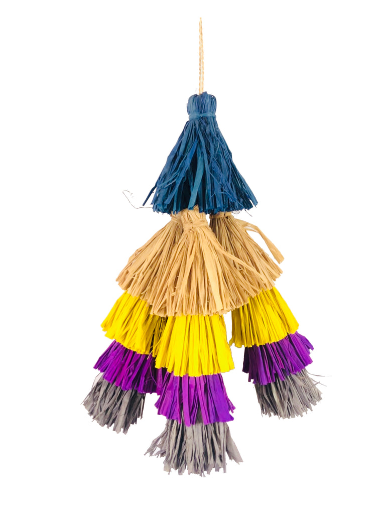 Tassels Rio Multicolor Layered Raffia Tufts Charm handmade bag embellishment or decor turquoise blue, natural, yellow, orchid purple, and grey fringed layered tufts tassel - Shebobo