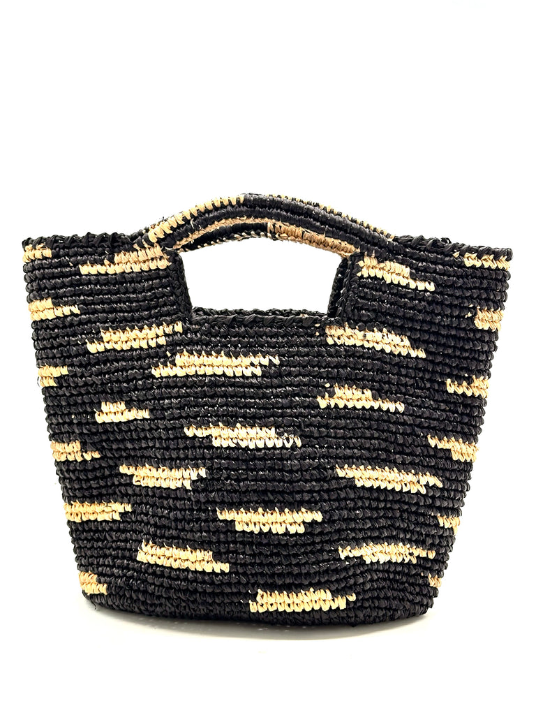 Taylor Mini ConCon Crochet Black Straw Basket with Zebra Stripes handmade raffia palm fiber in a horizontal zebra stripe with short lengths of contrasting color in a dash pattern of black with natural straw color accent petite handbag purse - Shebobo