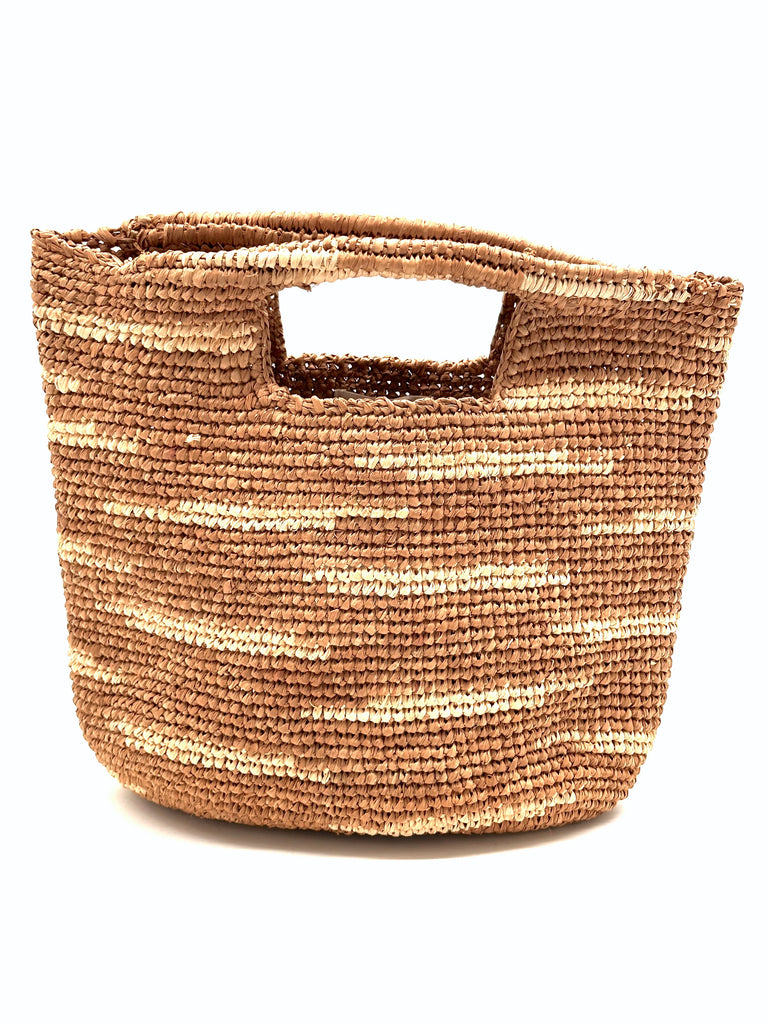 Taylor Mini ConCon Crochet Cappuccino Straw Basket with Zebra Stripes handmade raffia palm fiber in a horizontal zebra stripe with short lengths of contrasting color in a dash pattern of cappuccino light brown with natural straw color accent petite handbag purse - Shebobo