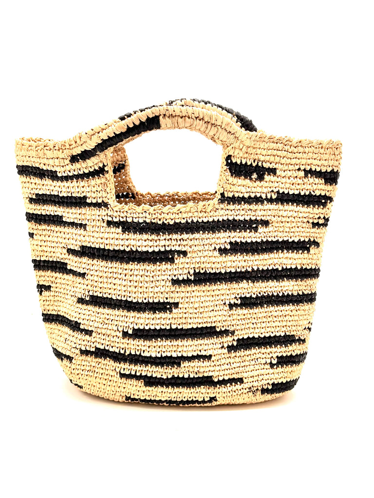 Taylor Mini ConCon Crochet Natural Straw Basket with Zebra Stripes handmade raffia palm fiber in a horizontal zebra stripe with short lengths of contrasting color in a dash pattern of natural straw color with black accent petite handbag purse - Shebobo