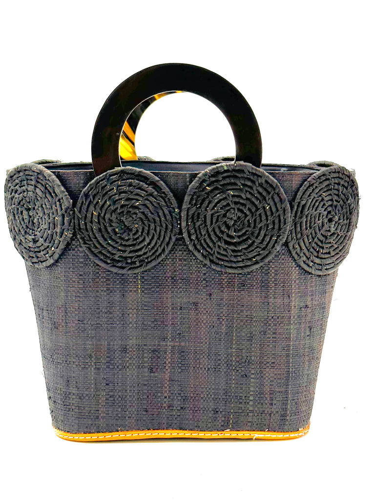 Tazi Disc Straw Handbag with Horn Handle handmade loomed raffia purse in black with wrapped raffia disc embellishment small bag - Shebobo