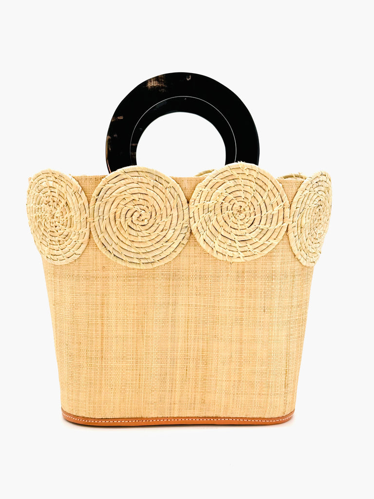 Tazi Disc Straw Handbag with Horn Handle handmade loomed raffia purse in natural straw color with wrapped raffia disc embellishment small bag - Shebobo