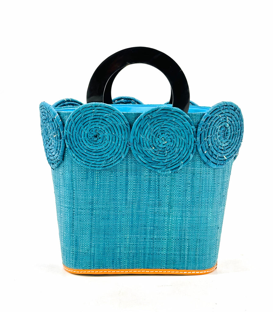 Tazi Disc Straw Handbag with Horn Handle handmade loomed raffia purse in turquoise blue with wrapped raffia disc embellishment small bag - Shebobo