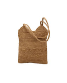 Tiana Crochet Straw Shoulder Bag Purse handmade crochet natural raffia palm fiber in a solid hue of Cappuccino tea/light/brown in subtle textured horizontal bands of two link patterns with matching braided handles - Shebobo