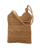 Tiana Crochet Straw Shoulder Bag Purse handmade crochet natural raffia palm fiber in a solid hue of Cappuccino tea/light/brown in subtle textured horizontal bands of two link patterns with matching braided handles - Shebobo