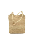 Tiana Crochet Straw Shoulder Bag Purse handmade crochet natural raffia palm fiber in a solid hue of natural straw color in subtle textured horizontal bands of two link patterns with matching braided handles - Shebobo