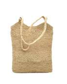 Tiana Crochet Straw Shoulder Bag Purse handmade crochet natural raffia palm fiber in a solid hue of natural straw color in subtle textured horizontal bands of two link patterns with matching braided handles - Shebobo