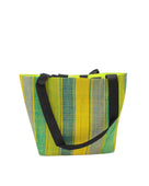 Tiburon Izarra Swirl Straw Duffle Bag Shoulder & Handbag Combination handmade loomed natural raffia palm fiber in a multicolor vertical stripe pattern of multi width bands of lime green, yellow, denim light/blue, turquoise, teal, navy, and natural straw color, etc. with four black webbing handles sports tote bag purse - Shebobo