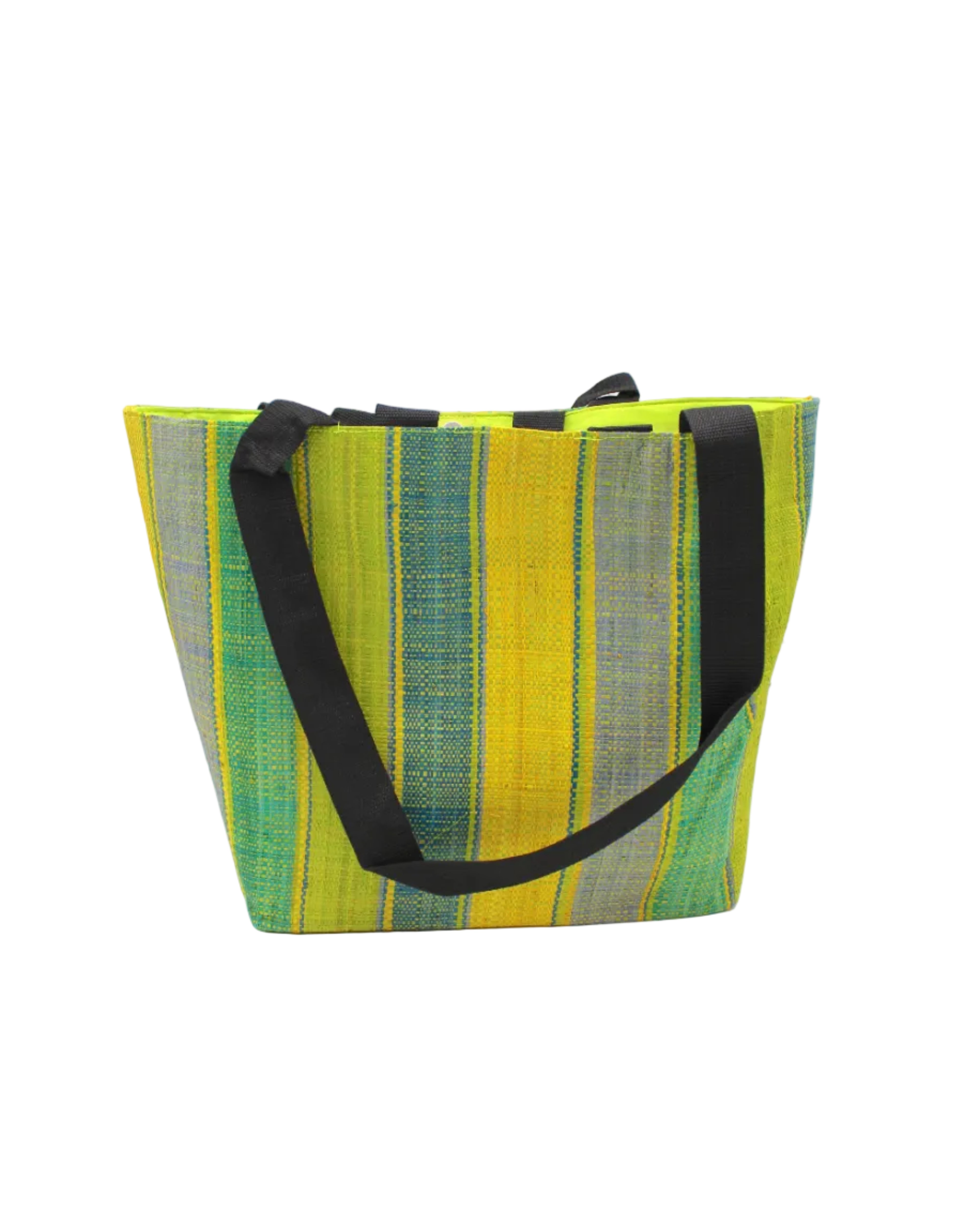 Tiburon Izarra Swirl Straw Duffle Bag Shoulder & Handbag Combination handmade loomed natural raffia palm fiber in a multicolor vertical stripe pattern of multi width bands of lime green, yellow, denim light/blue, turquoise, teal, navy, and natural straw color, etc. with four black webbing handles sports tote bag purse - Shebobo