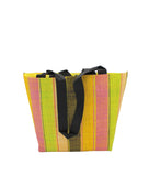 Tiburon Lemonade Swirl Straw Duffle Bag Shoulder & Handbag Combination handmade loomed natural raffia palm fiber in a multicolor vertical stripe pattern of multi width bands of black, saffron yellow, lime green, purple pink, and natural straw color, etc. with four black webbing handles sports tote bag purse - Shebobo
