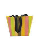 Tiburon Lemonade Swirl Straw Duffle Bag Shoulder & Handbag Combination handmade loomed natural raffia palm fiber in a multicolor vertical stripe pattern of multi width bands of black, saffron yellow, lime green, purple pink, and natural straw color, etc. with four black webbing handles sports tote bag purse - Shebobo