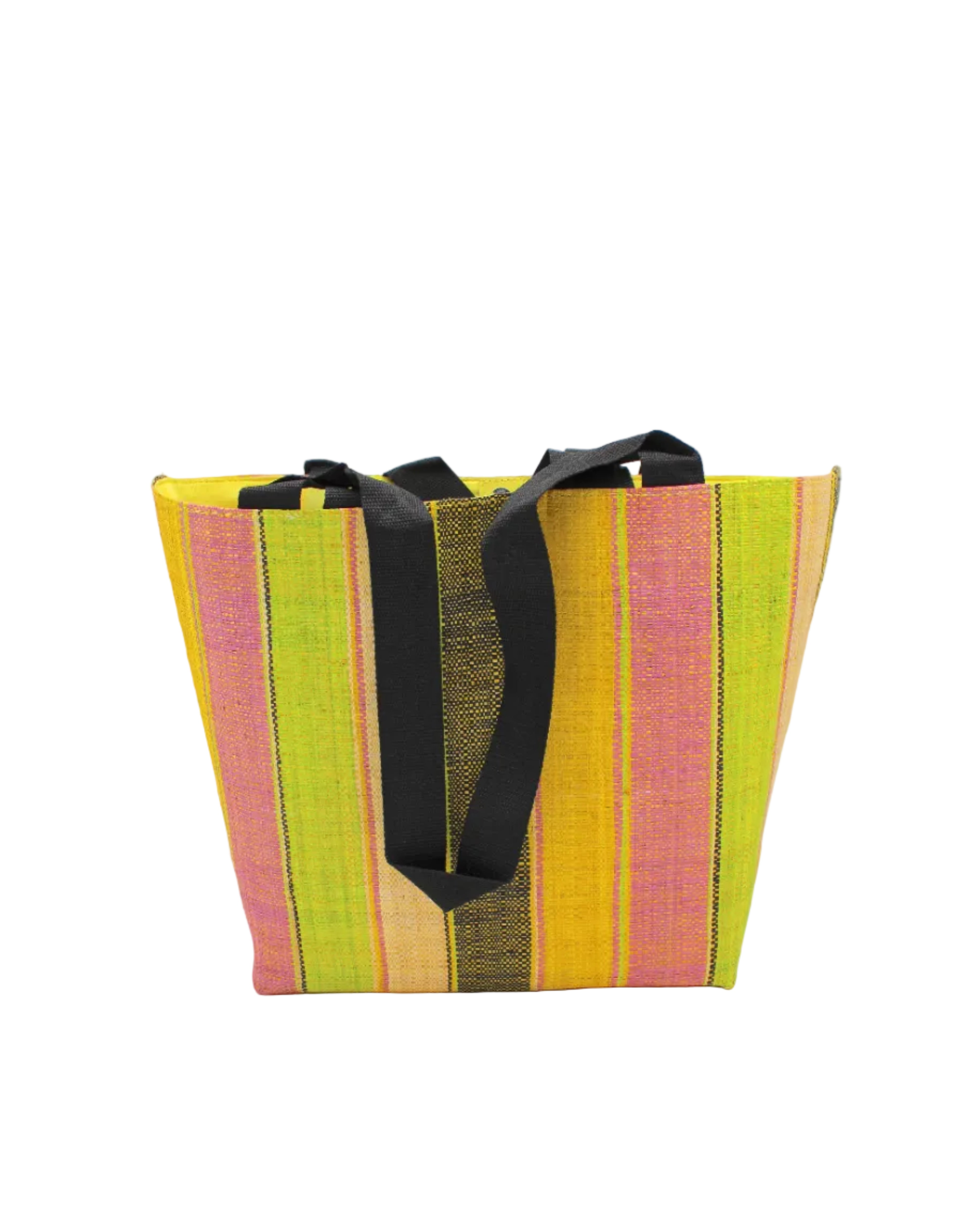 Tiburon Lemonade Swirl Straw Duffle Bag Shoulder & Handbag Combination handmade loomed natural raffia palm fiber in a multicolor vertical stripe pattern of multi width bands of black, saffron yellow, lime green, purple pink, and natural straw color, etc. with four black webbing handles sports tote bag purse - Shebobo