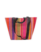 Tiburon Raspberry Swirl Straw Duffle Bag Shoulder & Handbag Combination handmade loomed natural raffia palm fiber in a multicolor vertical stripe pattern of multi width bands of orange, red, yellow, lime green, purple, fuchsia pink, coral, seafoam blue, and natural straw color, etc. with four black webbing handles sports tote bag purse - Shebobo
