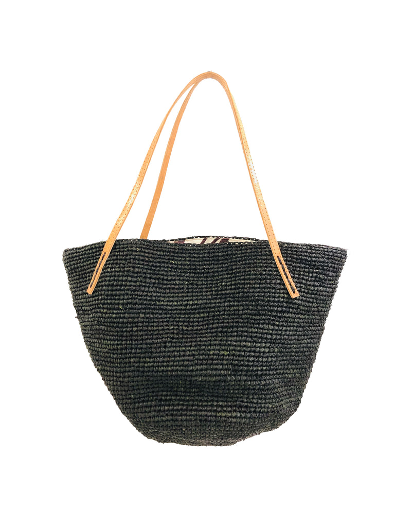 Tika black hand crochet raffia straw handbag purse with leather handles bag - Shebobo