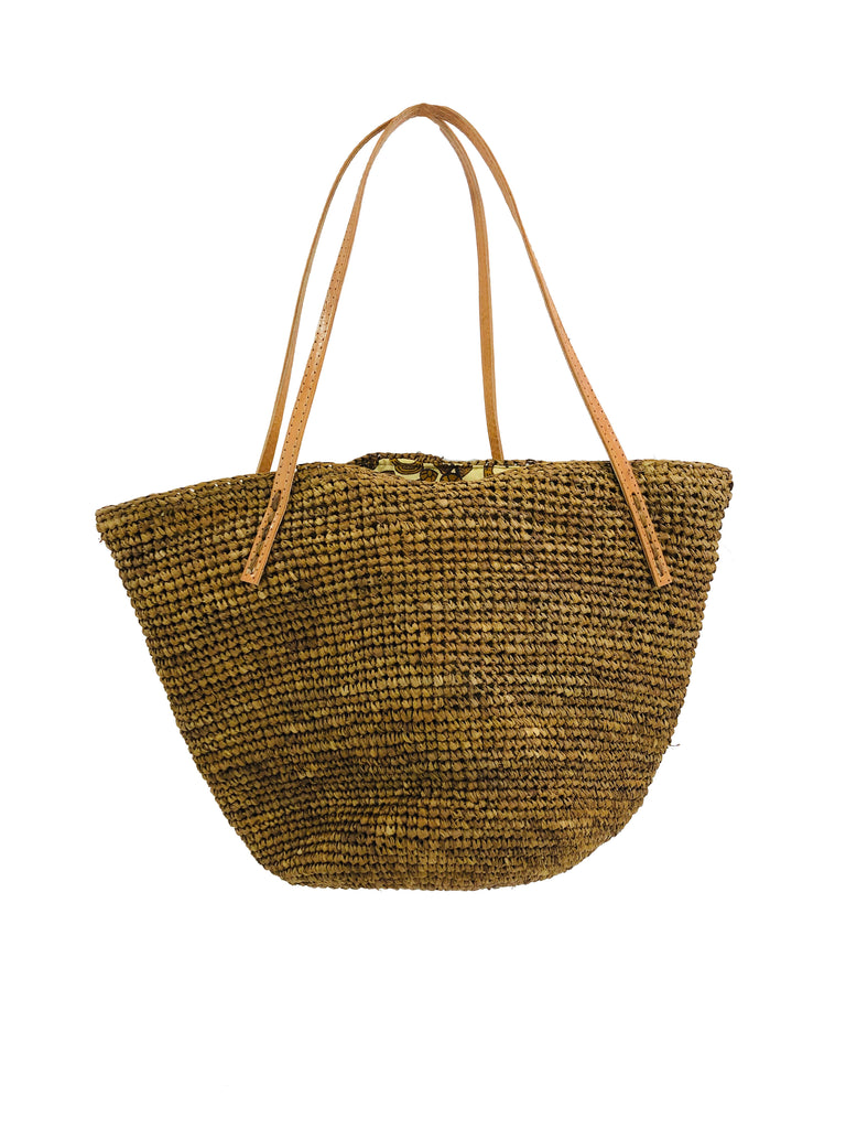 Tika cinnamon/tobacco/brown hand crochet raffia straw handbag purse with leather handles bag - Shebobo