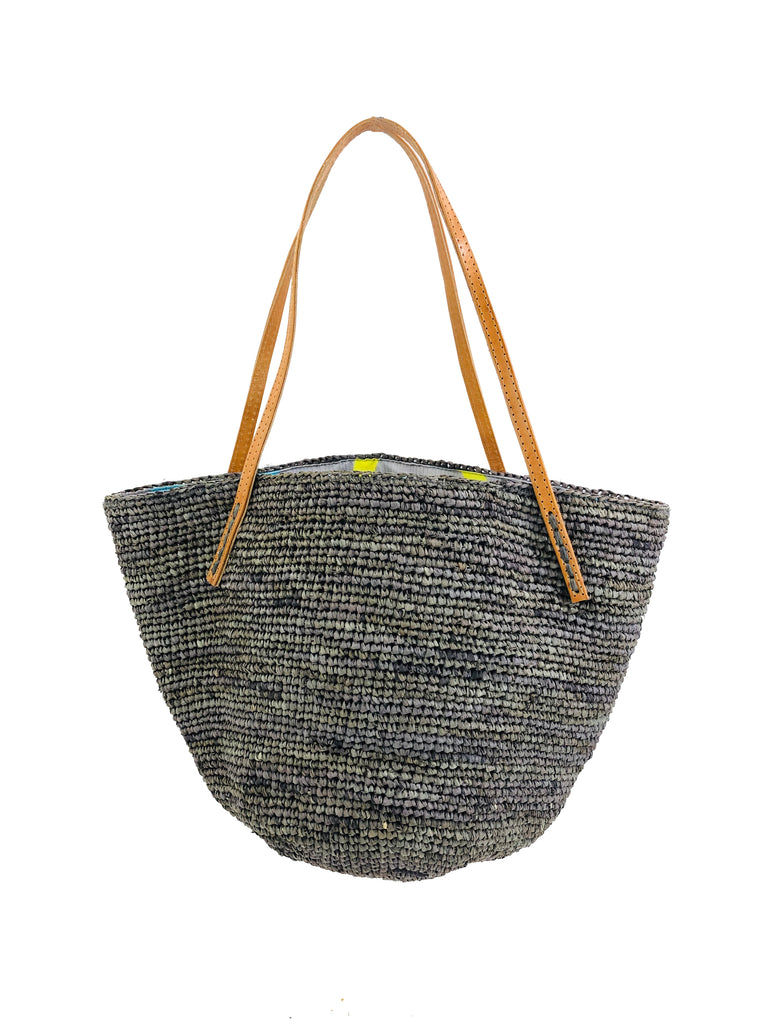 Tika grey hand crochet raffia straw handbag purse with leather handles bag - Shebobo