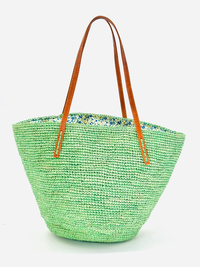 Tika mint green hand crochet raffia straw handbag purse with leather handles bag - Shebobo