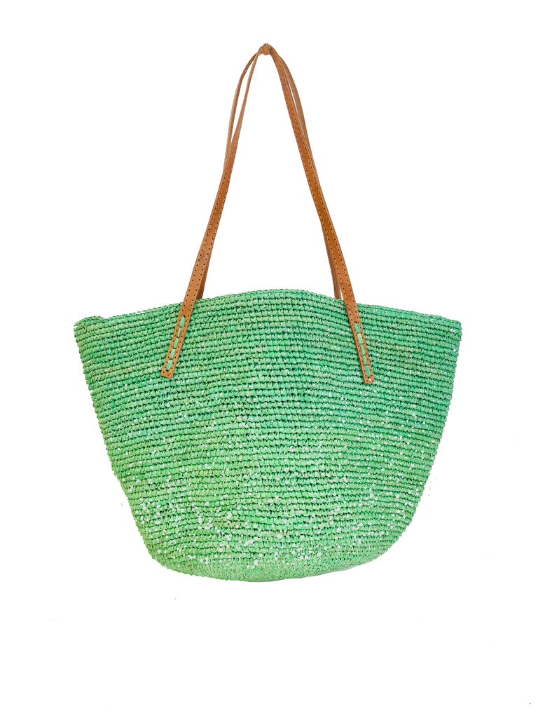 Tika mint green with shiny reflective metallic threads hand crochet raffia straw handbag purse with leather handles bag - Shebobo