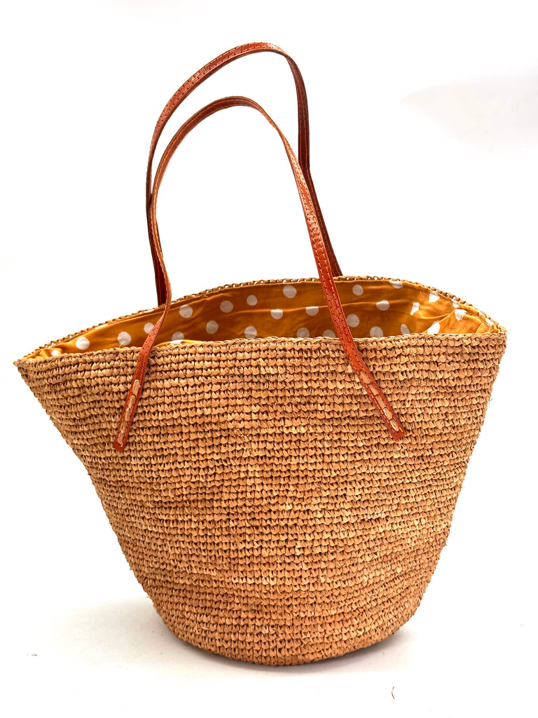 Tika Tea solid color light brown handmade crochet bucket shape straw purse handbag with leather handles natural raffia bag purse- Shebobo