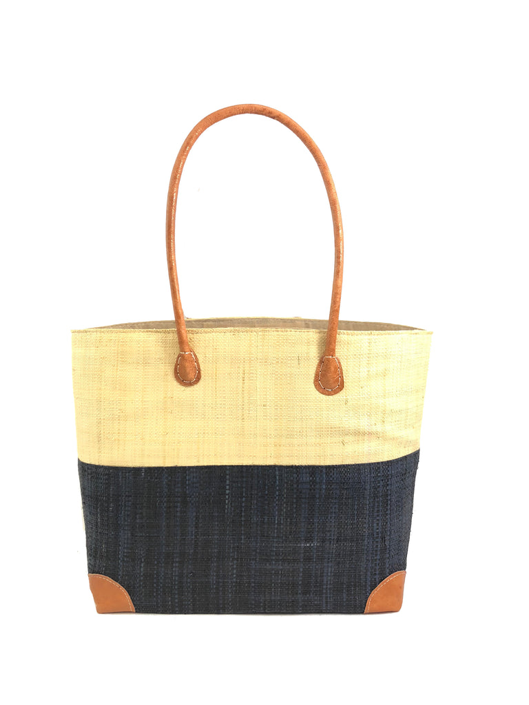 Trinidad Two Tone Straw Basket Bag handmade loomed raffia handbag with the top half solid natural straw color and the bottom half solid black - Shebobo