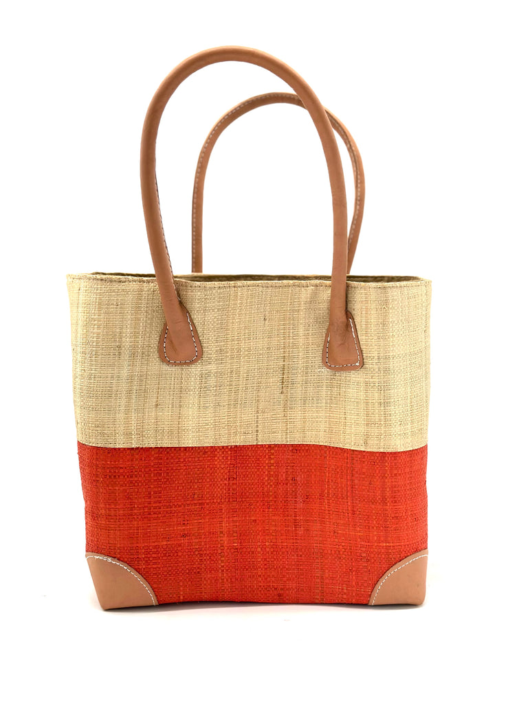 Trinidad Two Tone Straw Basket Bag handmade loomed raffia handbag with the top half solid natural straw color and the bottom half solid Coral orange/red - Shebobo