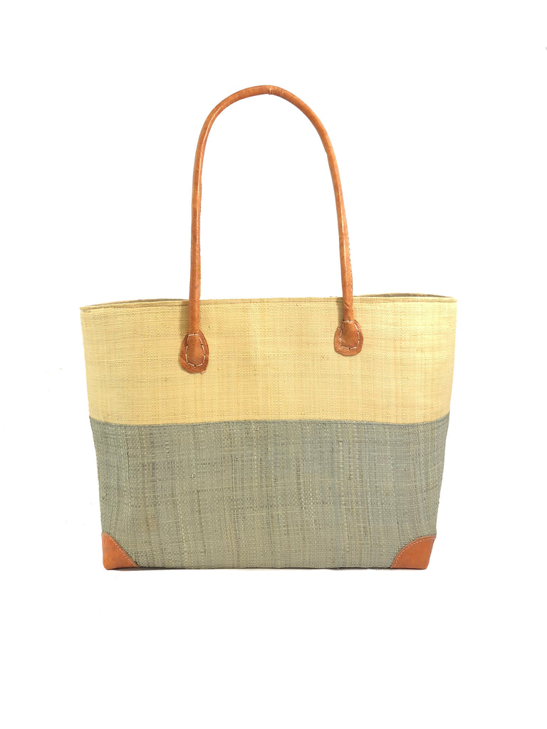 Trinidad Two Tone Straw Basket Bag handmade loomed raffia handbag with the top half solid natural straw color and the bottom half solid grey - Shebobo