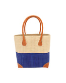 Trinidad Natural and Azure Two Tone Straw Basket Bag handmade loomed raffia palm fiber in a two tone color block pattern with Azure dark/dusk/navy/blue on the bottom half and natural straw color on the top half of the bag with leather handles and accents beach bag tote purse - Shebobo