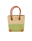 Trinidad Natural and Matcha Two Tone Straw Basket Bag handmade loomed raffia palm fiber in a two tone color block pattern with matcha meadow/light/green on the bottom half and natural straw color on the top half of the bag with leather handles and accents beach bag tote purse - Shebobo