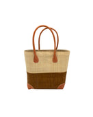 Trinidad Natural and Tobacco Two Tone Straw Basket Bag handmade loomed raffia palm fiber in a two tone color block pattern with tobacco cinnamon/dark/brown on the bottom half and natural straw color on the top half of the bag with leather handles and accents beach bag tote purse - Shebobo