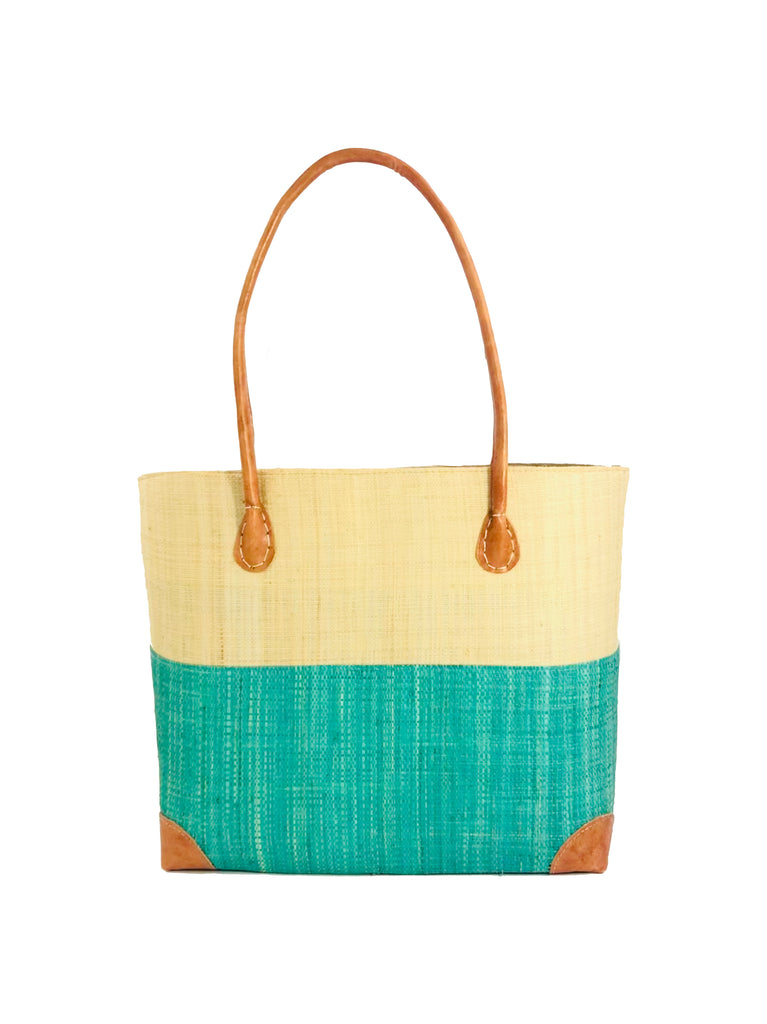 Trinidad Two Tone Straw Basket Bag handmade loomed raffia handbag with the top half solid natural straw color and the bottom half solid seafoam blue/green - Shebobo