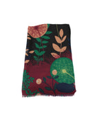 Detail view of pattern Tropical Forest Scarf Wrap Black & Wine Multicolor leaves and floral pattern with black, wine burgundy/red, kelly green, light green, blush orange/pink, beige, etc. - Shebobo