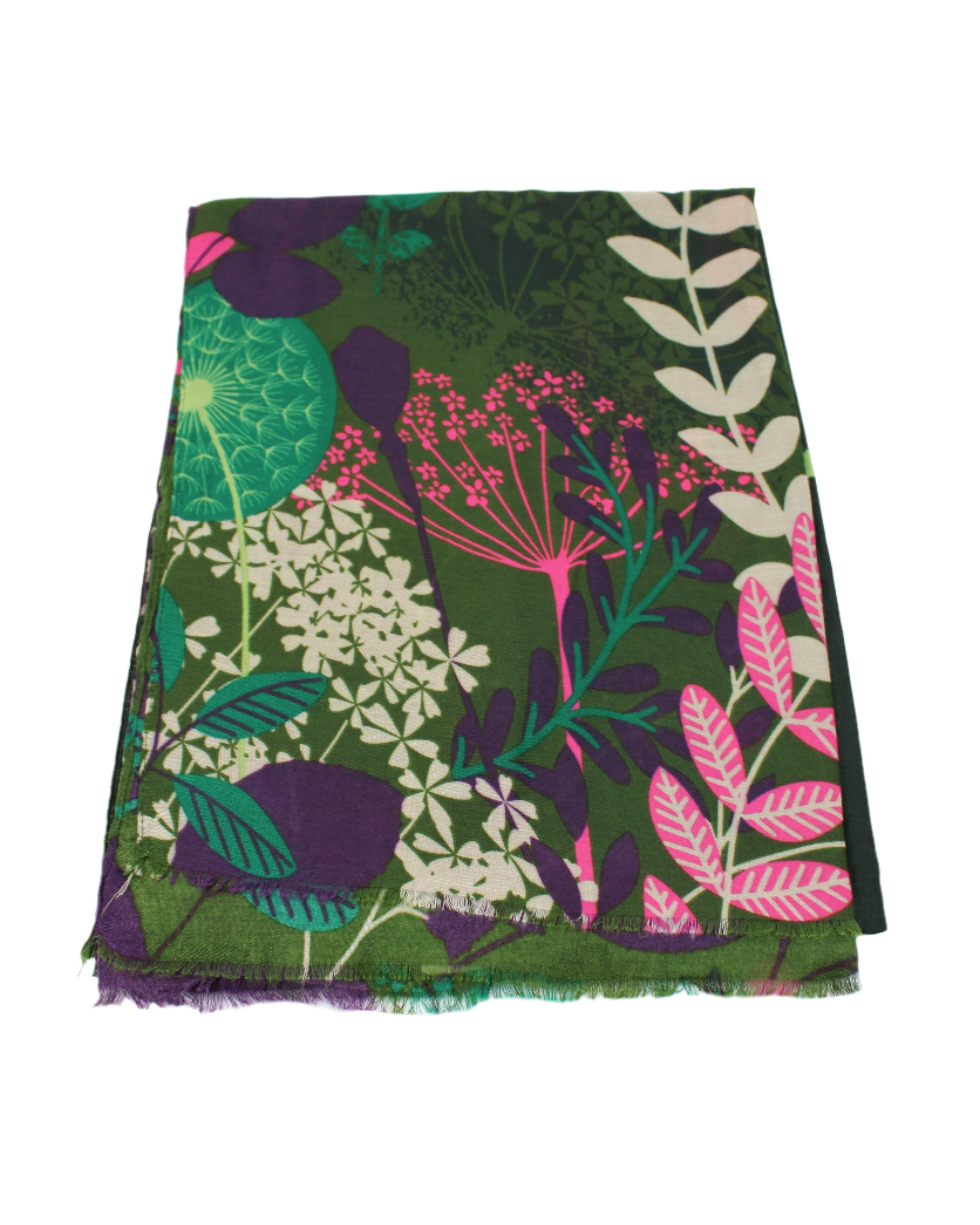 Detail view of pattern Tropical Forest Scarf Wrap Green & Purple Multicolor leaves and floral pattern with olive green, kelly green, pink, purple, beige, etc. - Shebobo