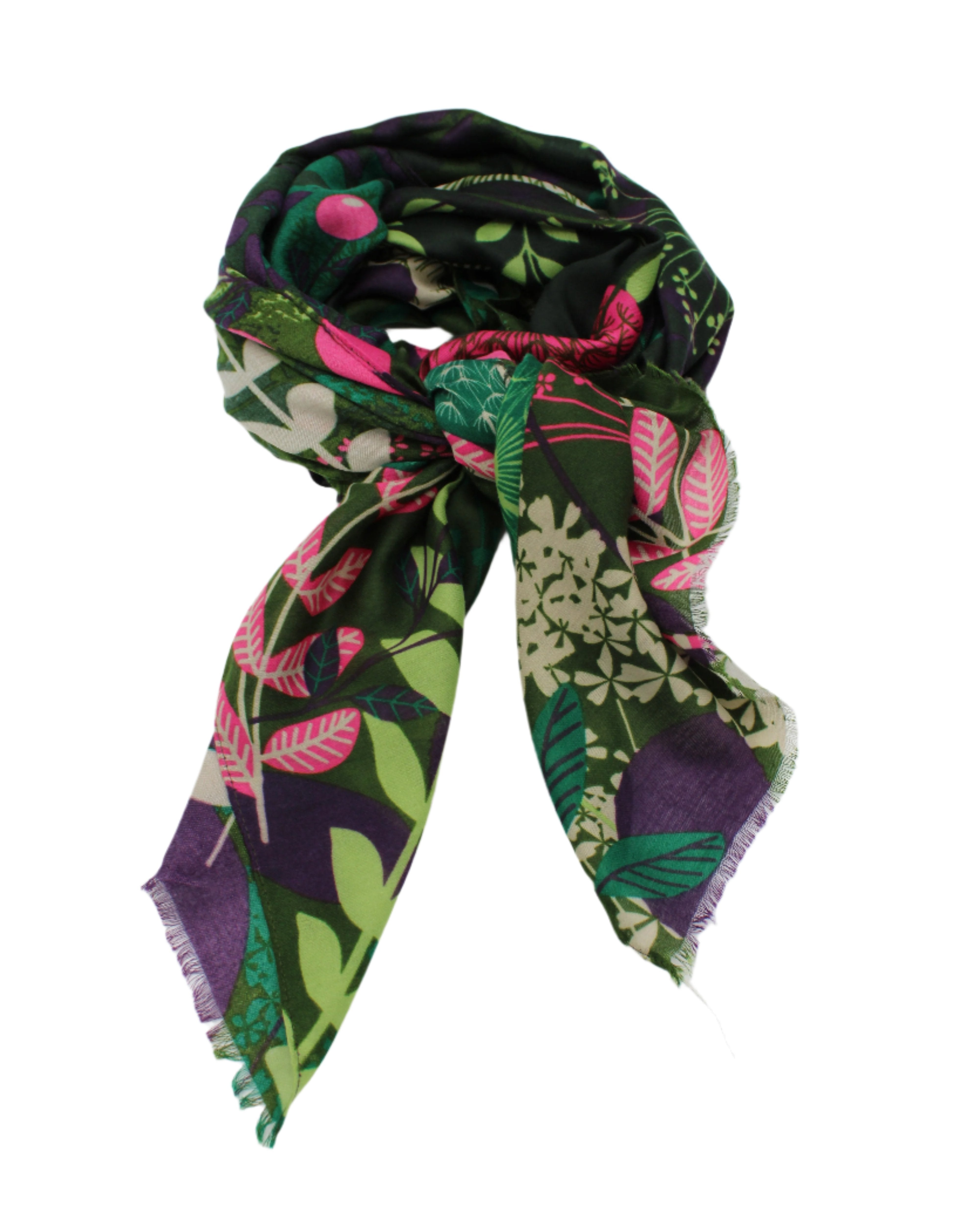 Tropical Forest Scarf Wrap Green & Purple Multicolor leaves and floral pattern with olive green, kelly green, pink, purple, beige, etc. - Shebobo
