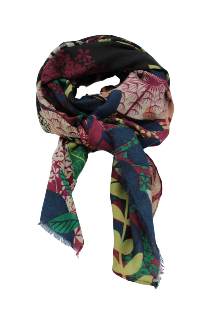 Tropical Forest Scarf Wrap Black & Wine Multicolor leaves and floral pattern with black, wine burgundy/red, kelly green, light green, blush orange/pink, beige, etc. - Shebobo